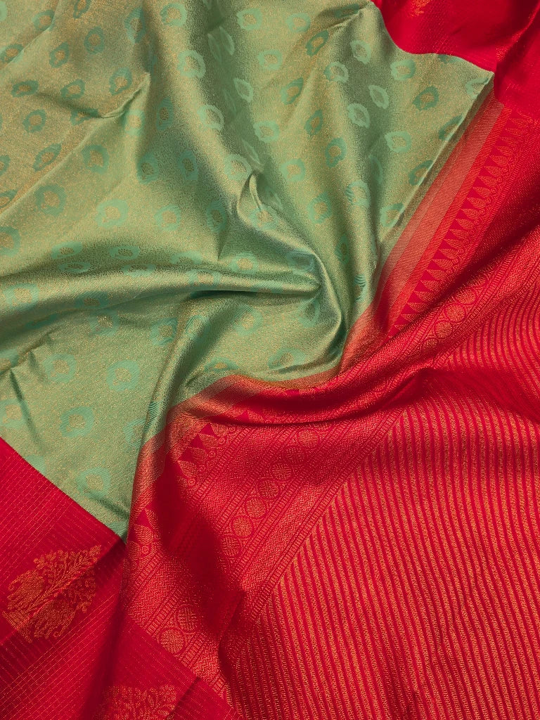 Sea Green Pure Kanchipuram Silk Saree with Red Elephant Motif Border | Traditional Bridal Silk Saree