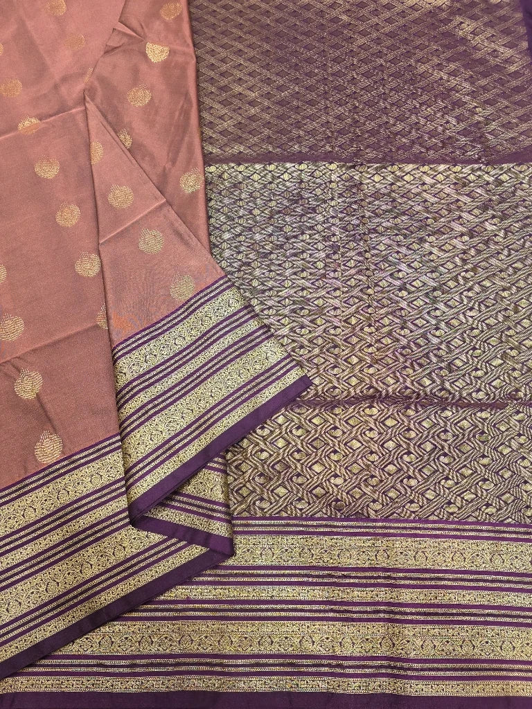Dusty Rose Pink Semi Kanchipuram Silk Saree with Purple Gold Zari Border & Rich Brocade Pallu