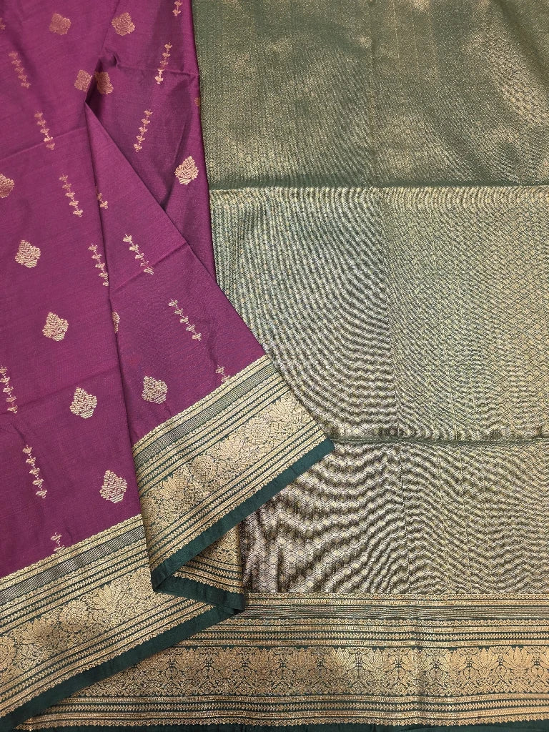 Wine Purple Semi Kanchipuram Silk Saree with Bottle Green Contrast Zari Border & Rich Brocade Pallu