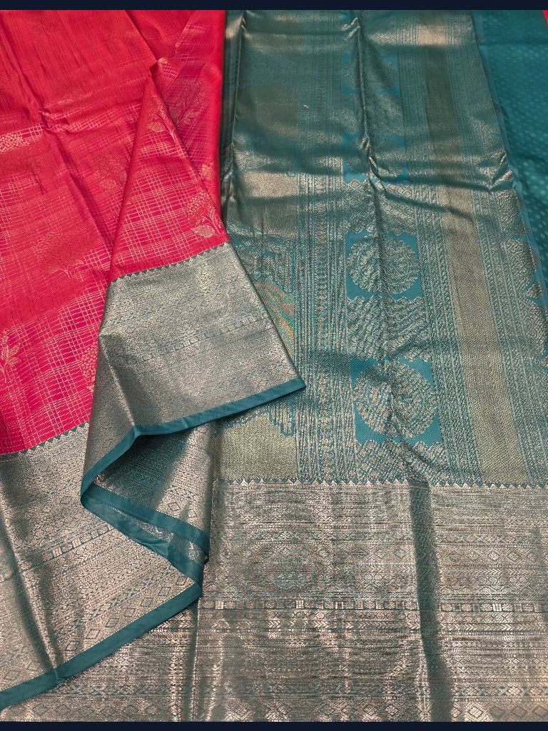 Rani Pink Semi Kanchipuram Silk Saree with Silver Zari Border & Rich Peacock Teal Pallu
