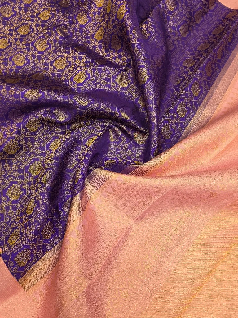 Royal Purple & Dusty Rose Pink Pure Kanchipuram Silk Saree with Gold Zari Border | Bridal Collection