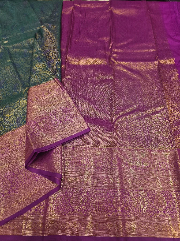 Peacock Green Semi Kanchipuram Silk Saree with Magenta Pink Gold Zari Border & Rich Pallu