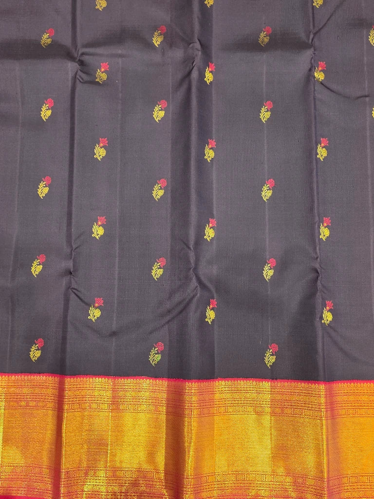 Midnight Navy & Magenta Pure Kanchipuram Silk Saree with Floral Buttas | Bridal Saree