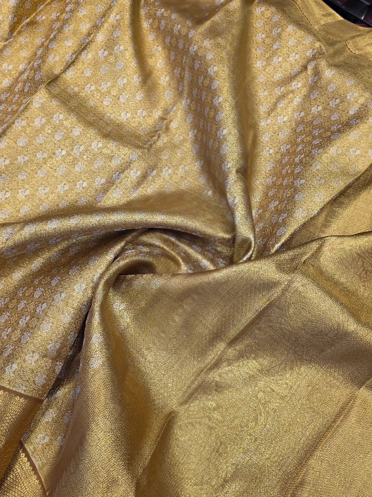 Antique Gold Pure Kanchipuram Silk Saree with Silver Zari Floral Buttas & Rich Golden Border | Bridal Collection