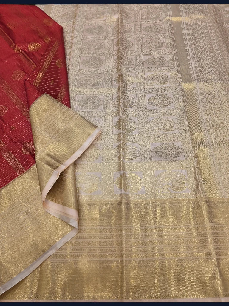Royal Red Semi Kanchipuram Silk Saree with Ivory Gold Zari Border & Peacock Brocade Pallu