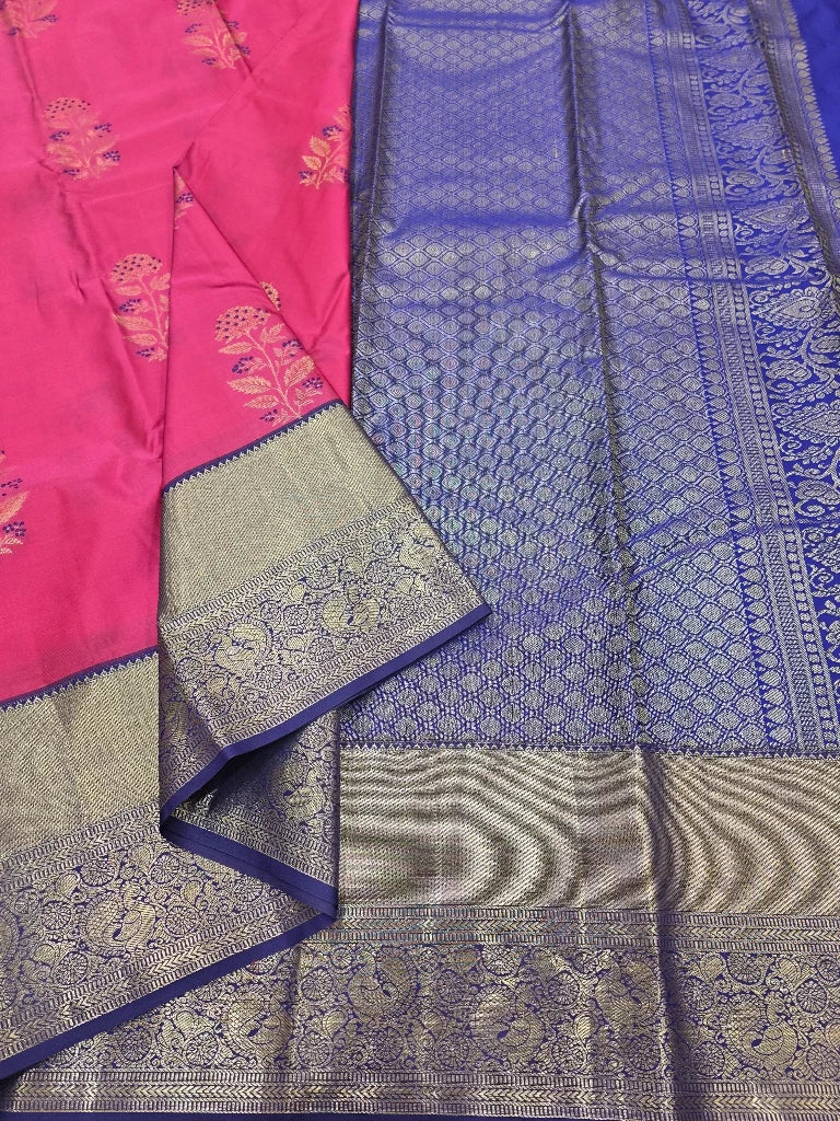 Deep Purple Semi Kanchipuram Silk Saree with Silver Zari Buttas & Rich Copper Orange Pallu