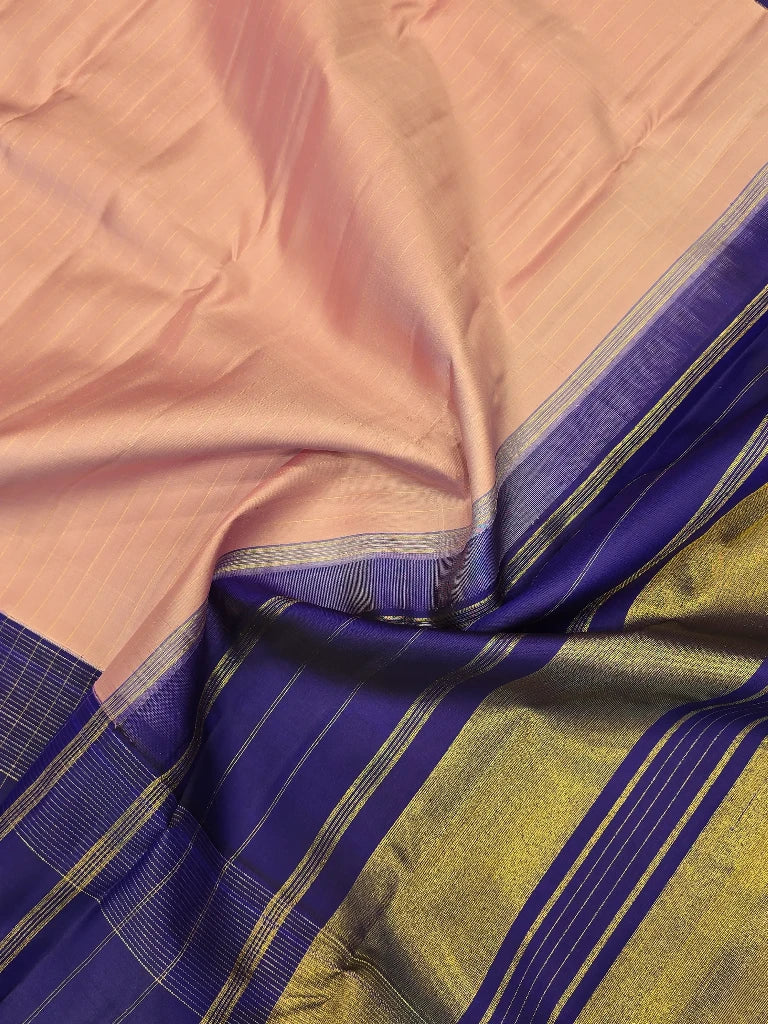 Baby Pink Pure Kanchipuram Silk Saree with Royal Blue Yali Zari Border | Traditional Bridal Saree