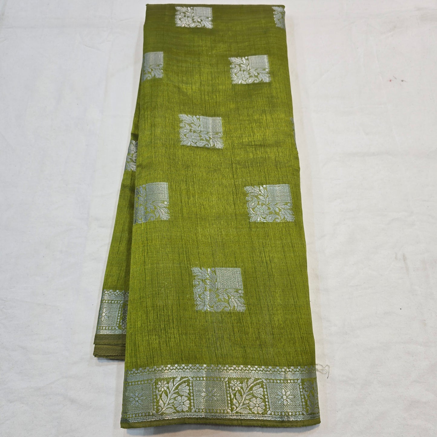 Rich Green Saree with Silver Butta & Striped Pallu