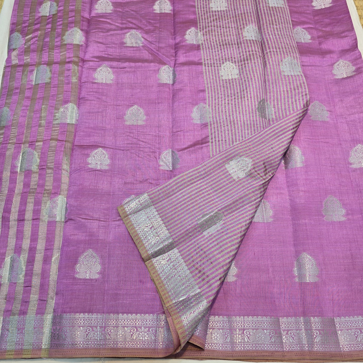 Rose Pink Saree with Silver Butta & Striped Pallu