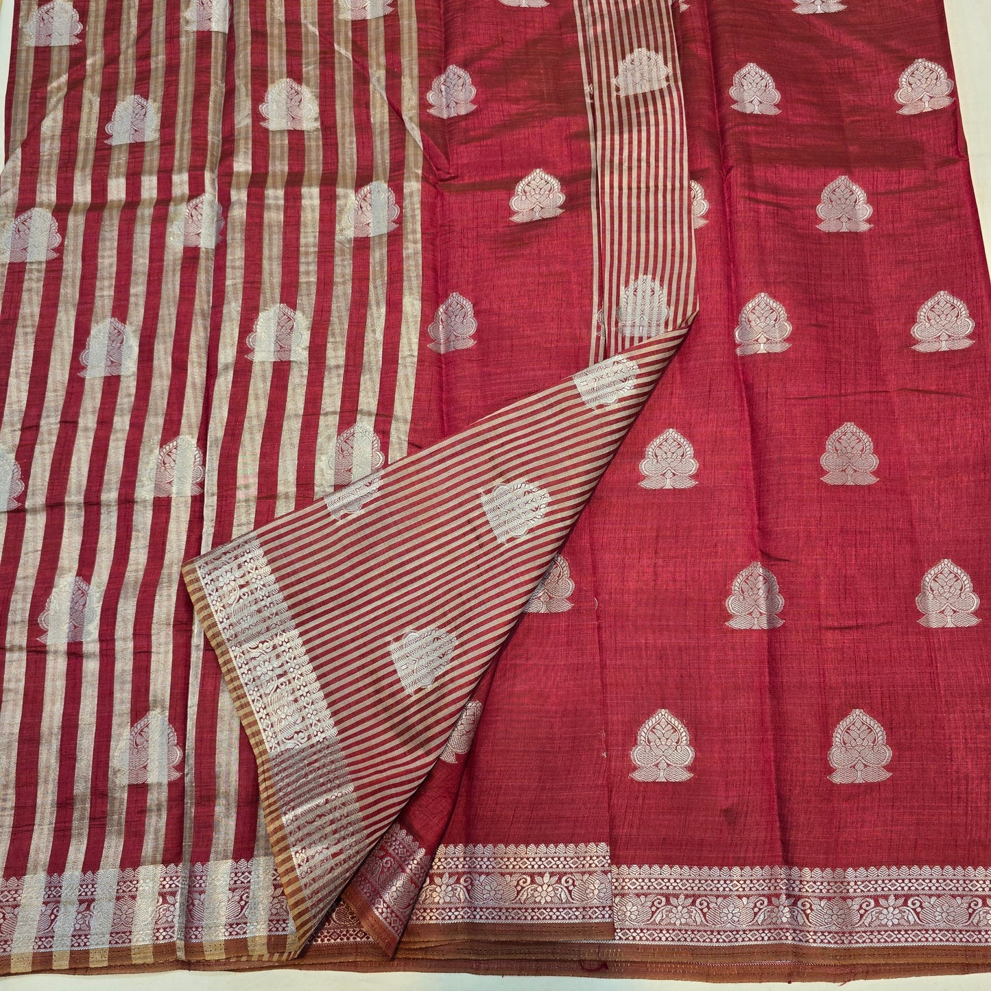Maroon Color Saree with Silver Butta & Striped Pallu