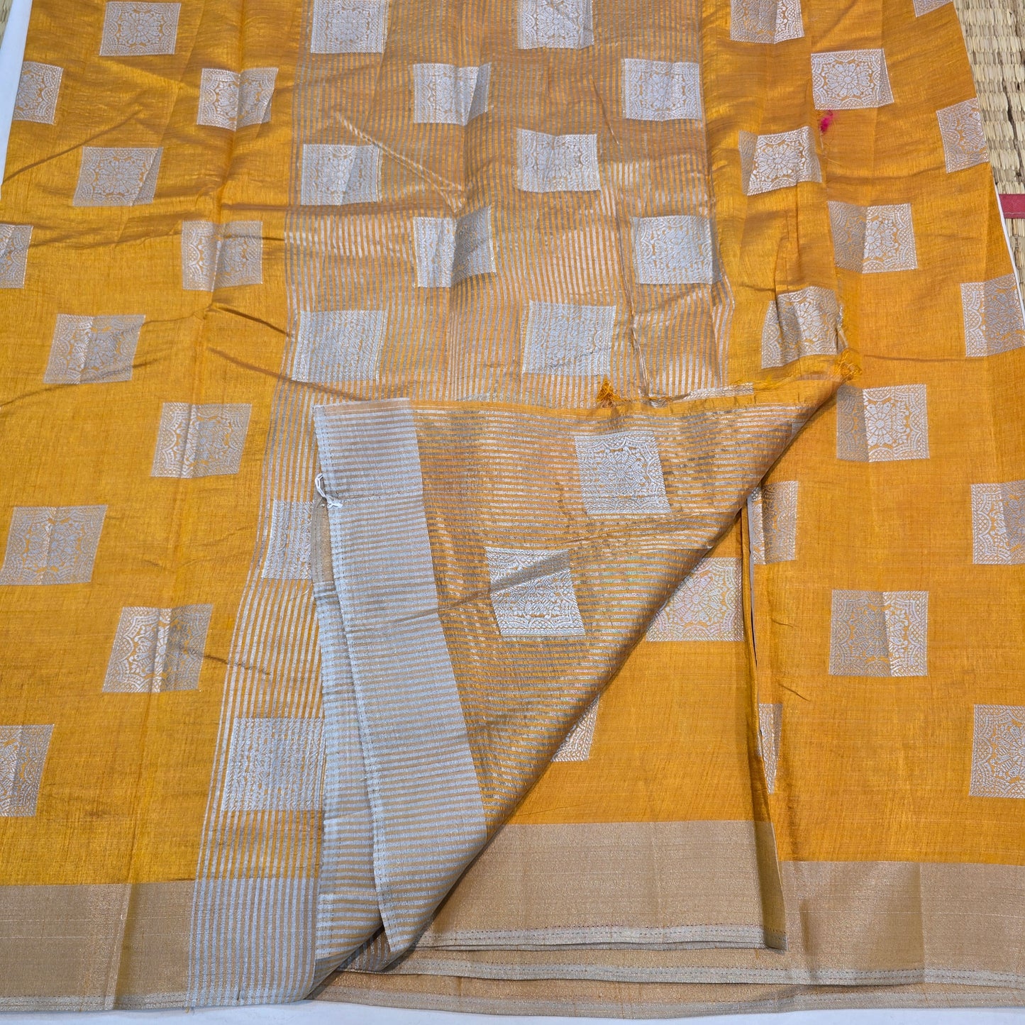 Mustard Tussar Fancy Saree with Silver Zari Checks & Striped Pallu