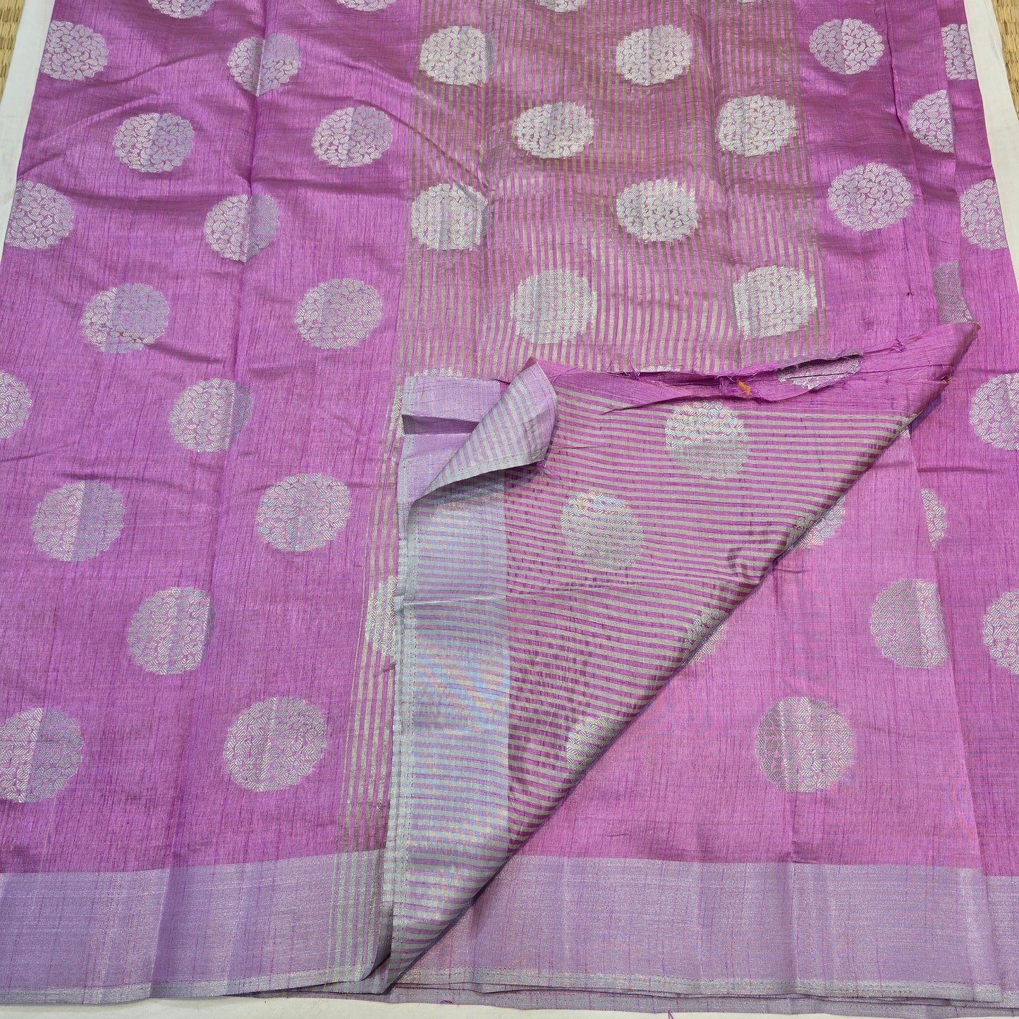 Purple Tussar Fancy Saree with Silver Zari Checks & Striped Pallu