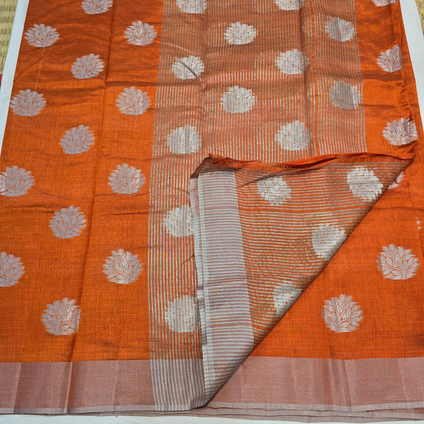 Rust Orange Tussar Fancy Saree with Silver Zari Checks & Striped Pallu