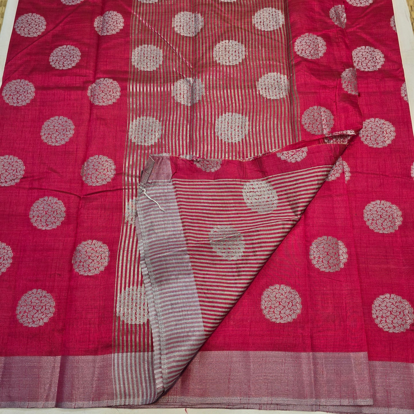 Dark Pink Tussar Fancy Saree with Silver Zari Checks & Striped Pallu