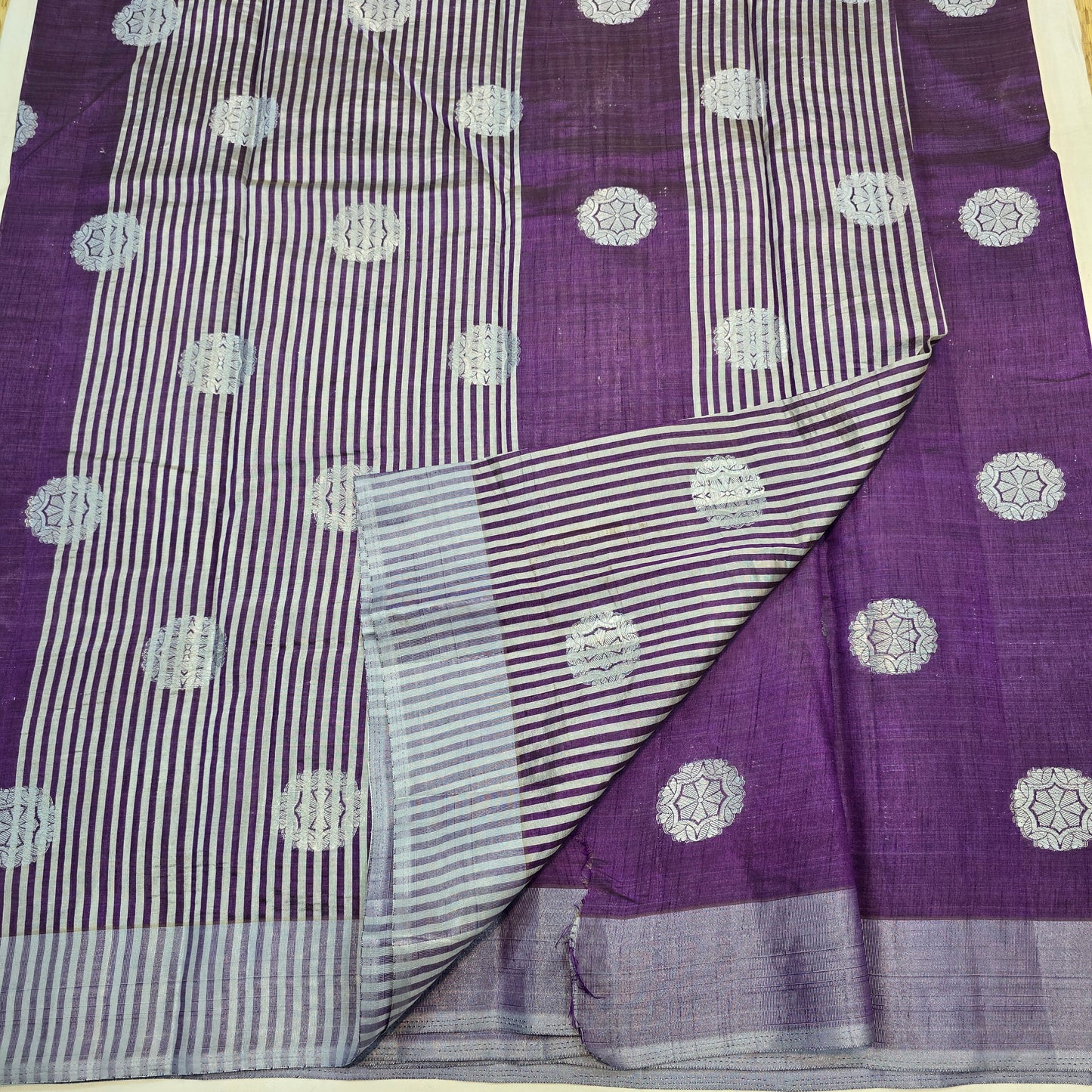 Violet Tussar Fancy Saree with Silver Zari Checks & Striped Pallu
