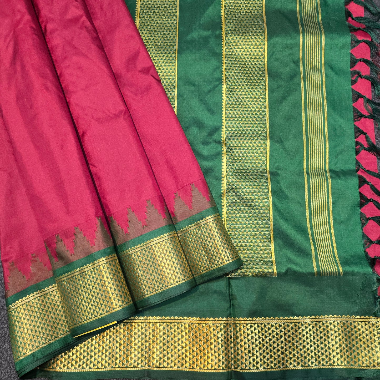 Authentic Kanchipuram Pure Silk 10-Yard Saree | Deep Maroon & Bottle Green with Temple Border & Gold Zari