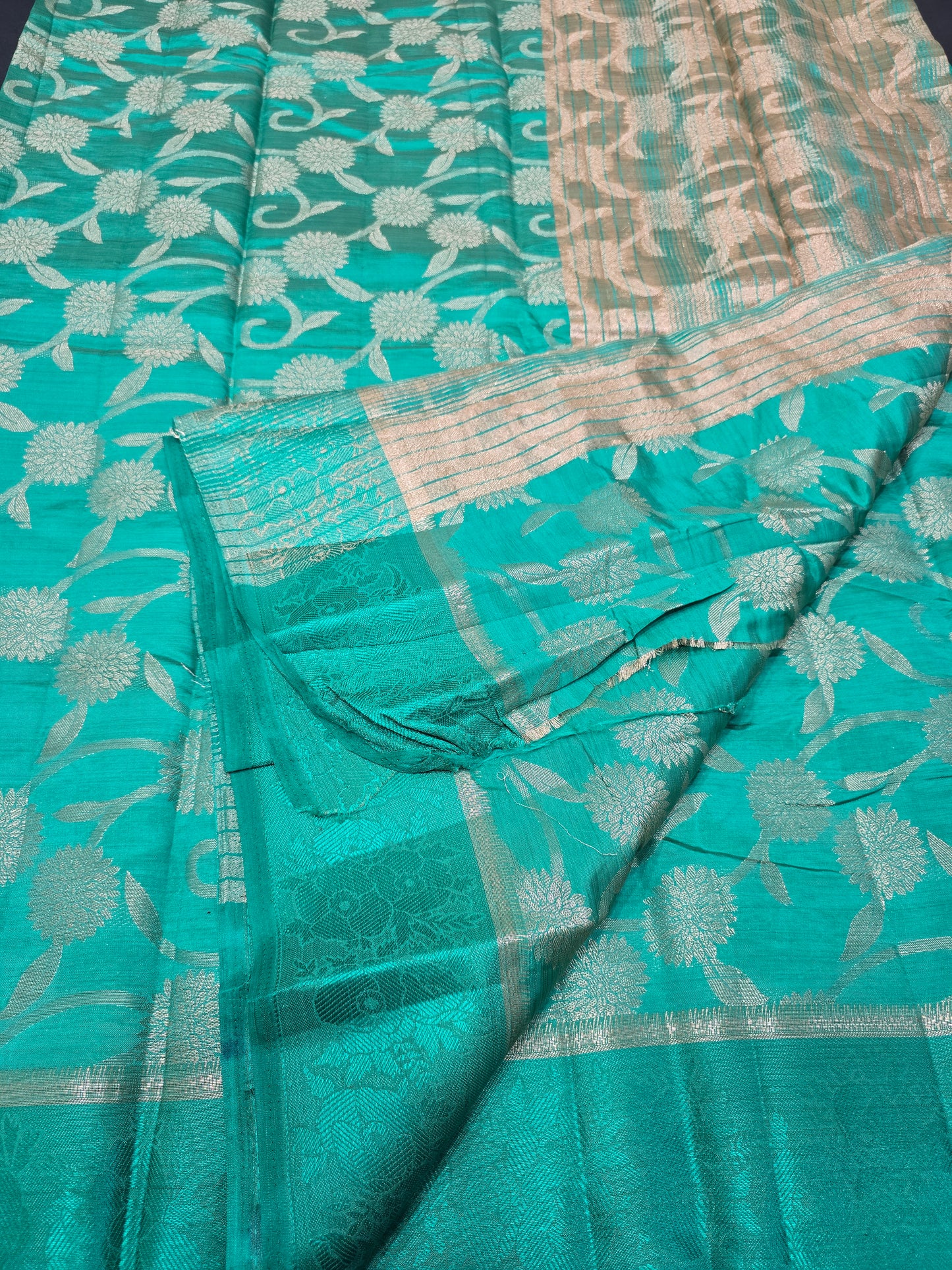 Seafoam Green Semi-Tussar Silk Saree with All-Over Gold Zari Floral Jaal & Fancy Border