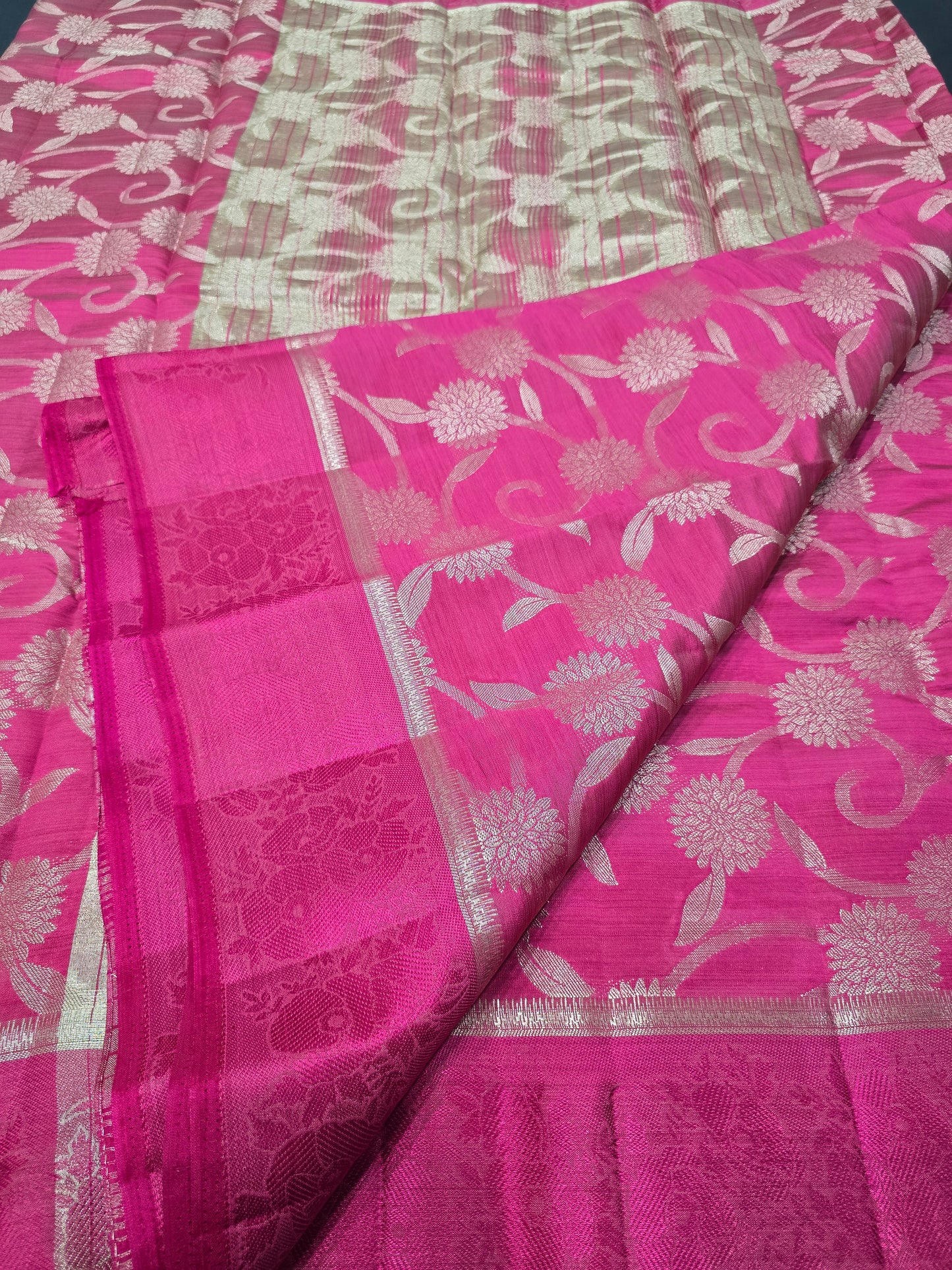 Rani Pink Semi-Tussar Silk Saree with All-Over Gold Zari Floral Jaal & Textured Border