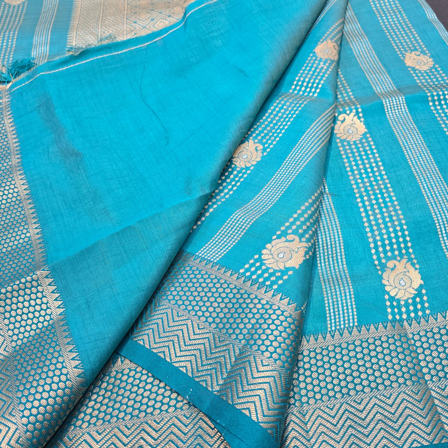 Turquoise Blue Semi Tussar Silk Saree with Gold Zari Border & Traditional Designer Pallu