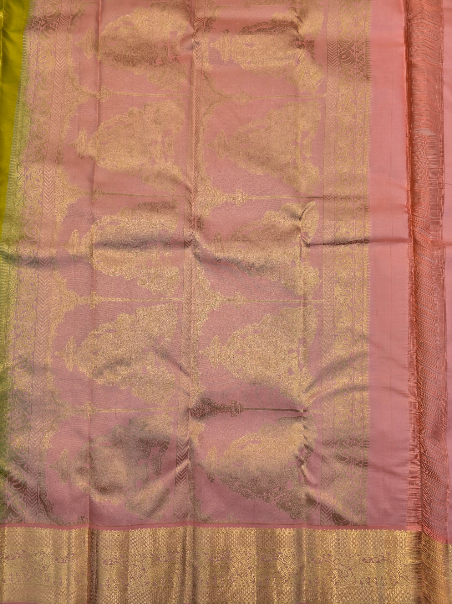 Kanchipuram Silk Saree Mustard Yellow with Pink Contrast Pallu & Zari Buttas Bridal Wear