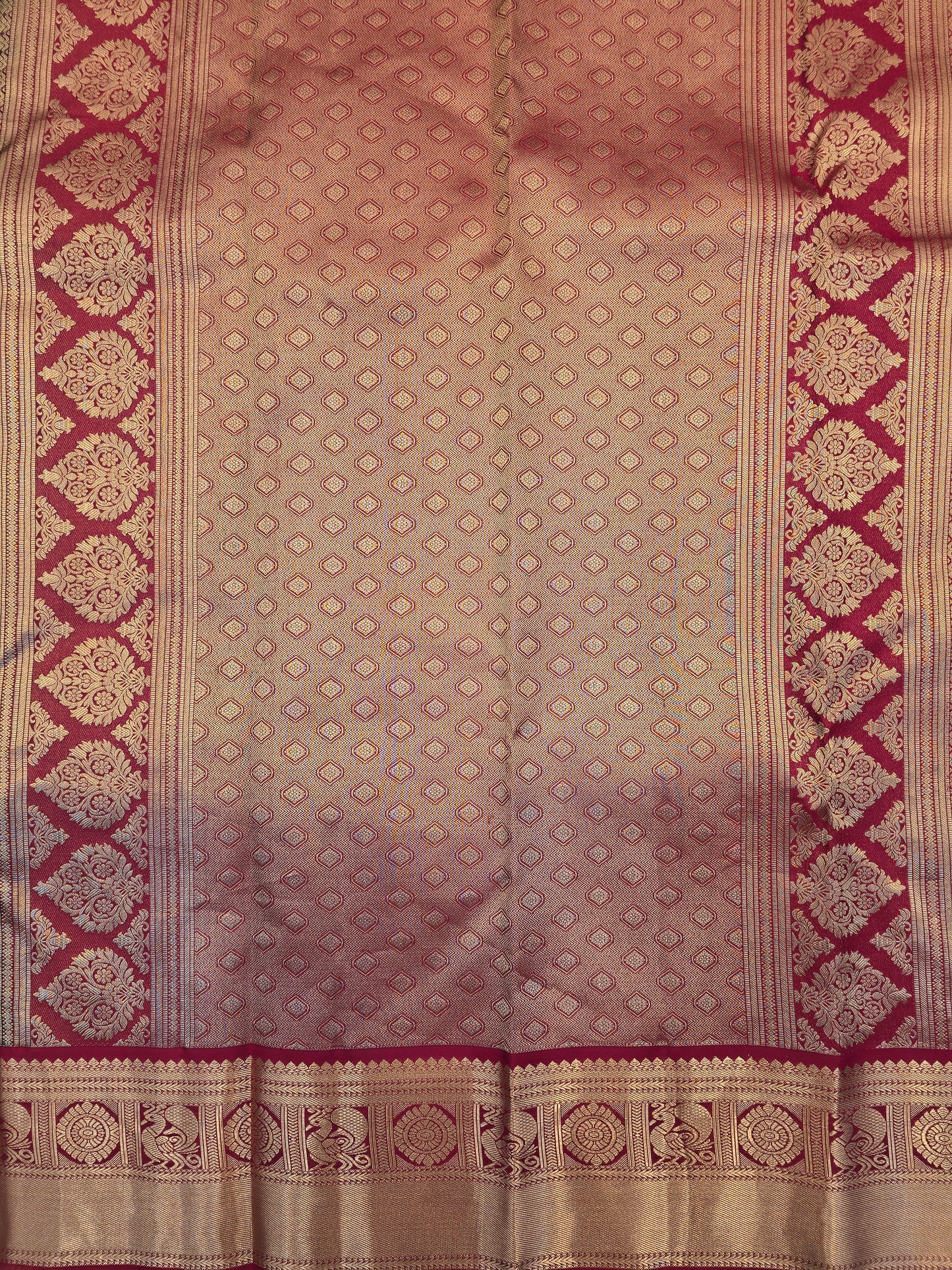 Kanchipuram Silk Saree Navy Blue with Gold Checks & Maroon Contrast Border Traditional Wear