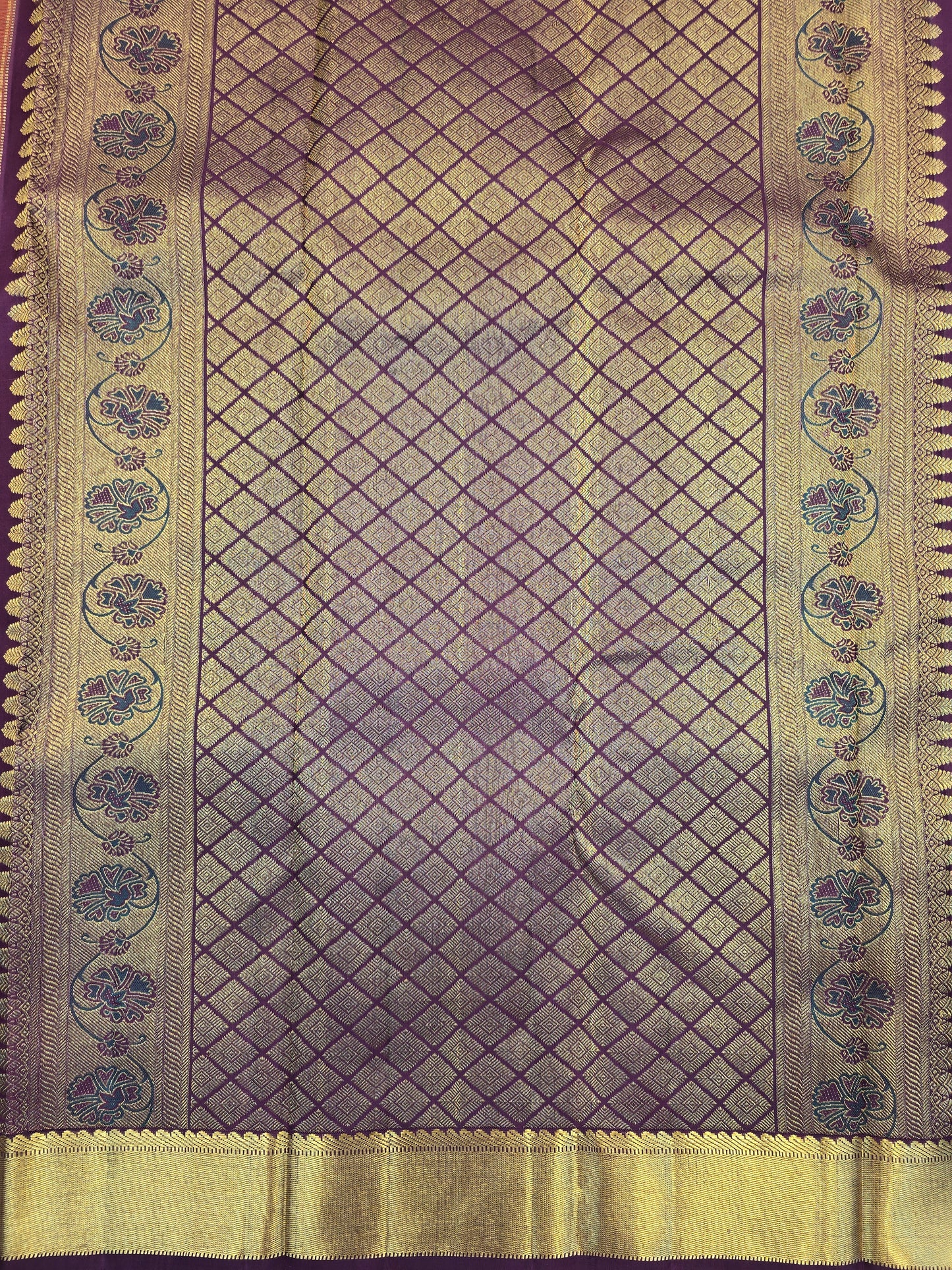 Kanchipuram Silk Saree Rust Orange with Purple Contrast Pallu & Zari Buttas Traditional Wear