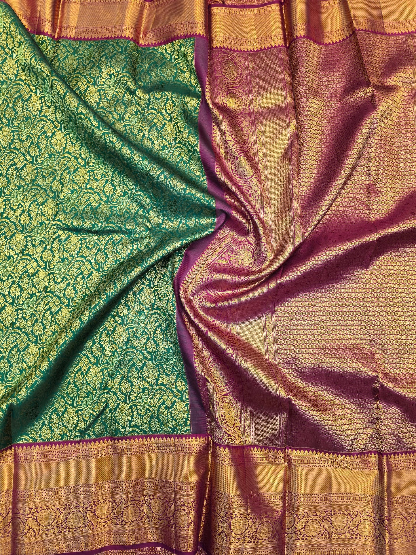 Green Kanchipuram Silk Saree with Maroon Korvai Border Bridal Traditional Saree