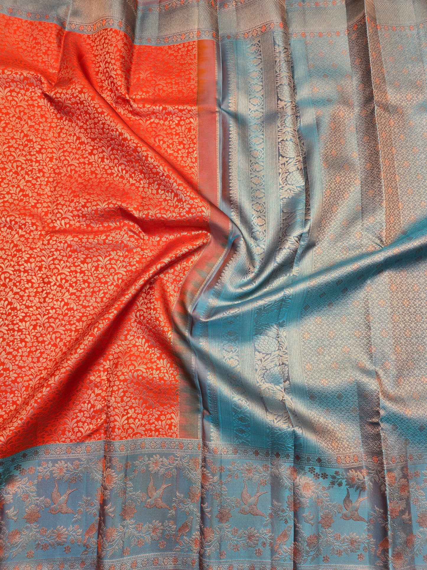 Reddish Orange Kanchipuram Silk Saree with Blue Contrast Pallu Traditional Bridal Saree