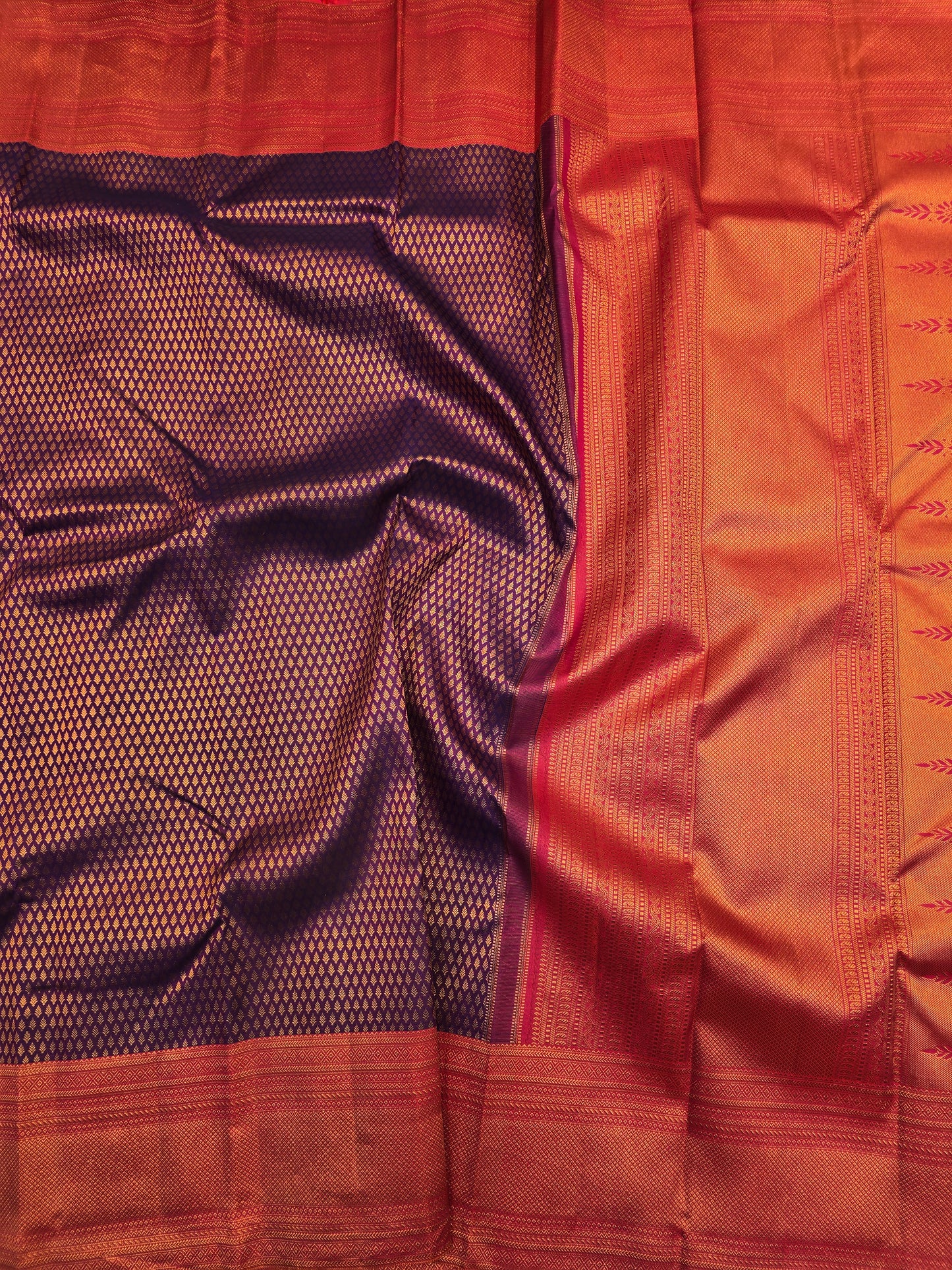 Purple Kanchipuram Silk Saree with Rani Pink Korvai Border Bridal Traditional Saree