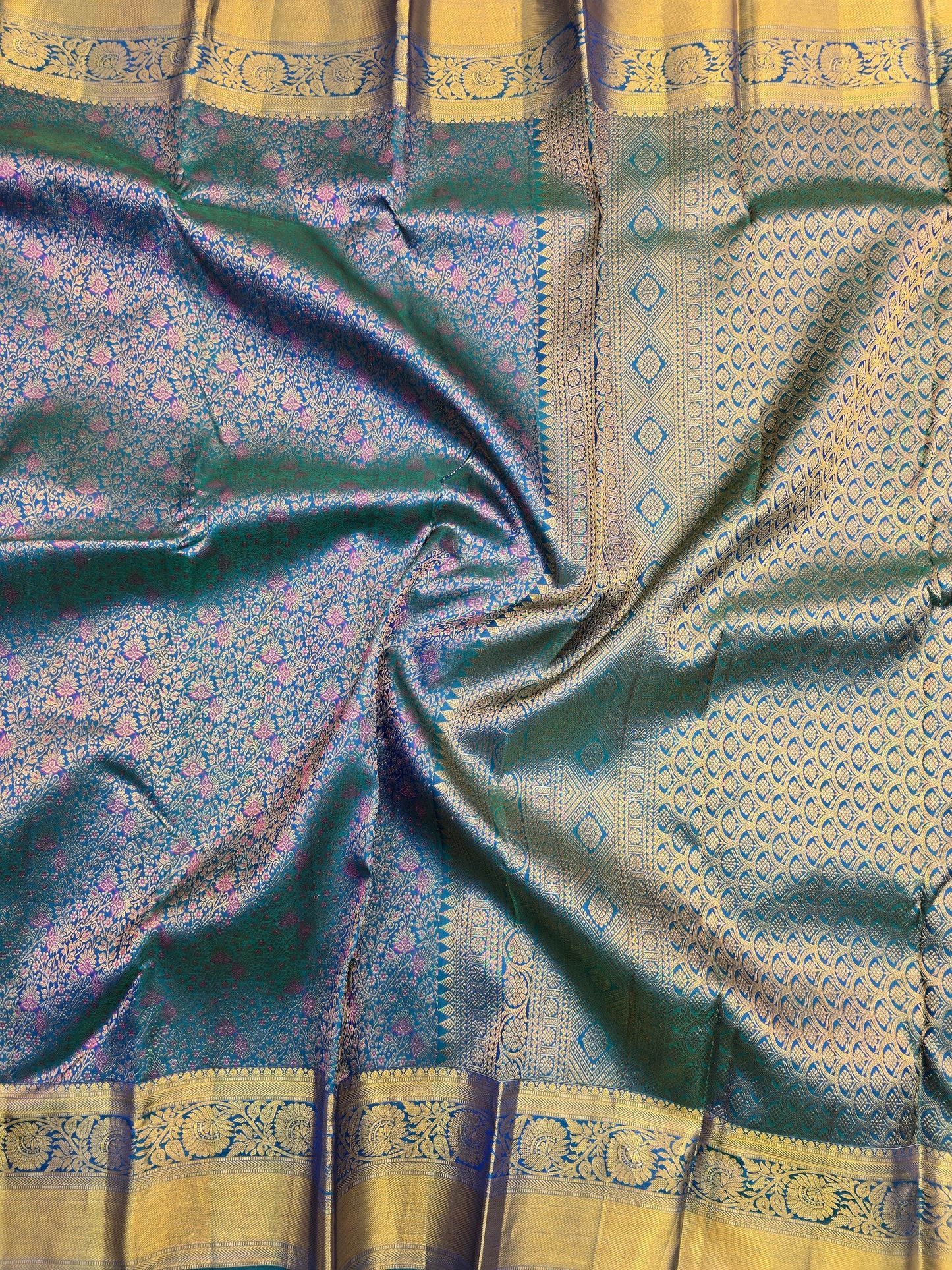 Teal Blue Kanchipuram Silk Saree with Royal Blue Korvai Border Bridal Traditional Saree