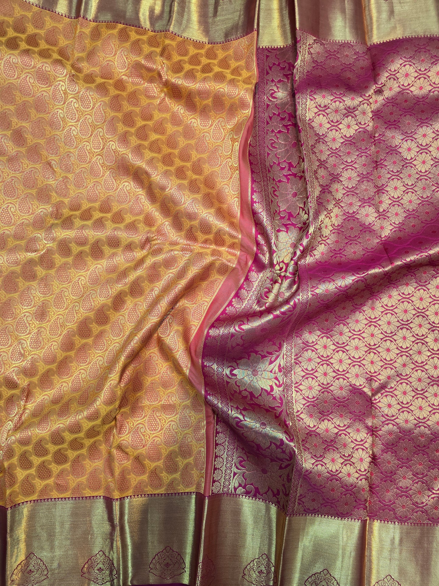 Mustard Gold Kanchipuram Silk Saree with Magenta Zari Pallu Bridal Traditional Saree