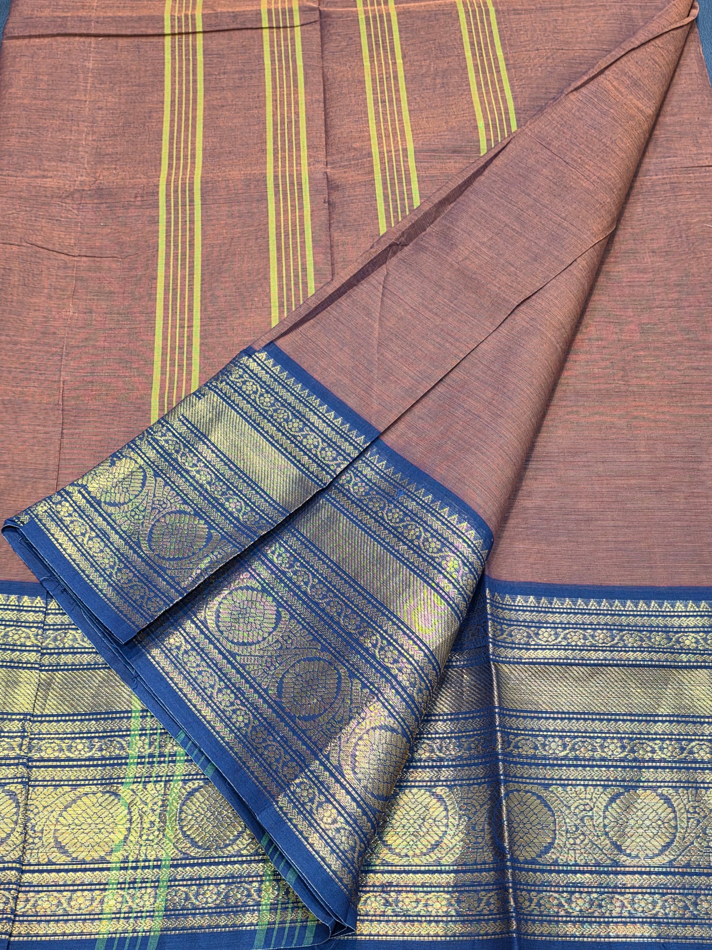 Pure Cotton Brown Saree with Royal Blue Zari Border | Traditional Festive Wear Saree for Women