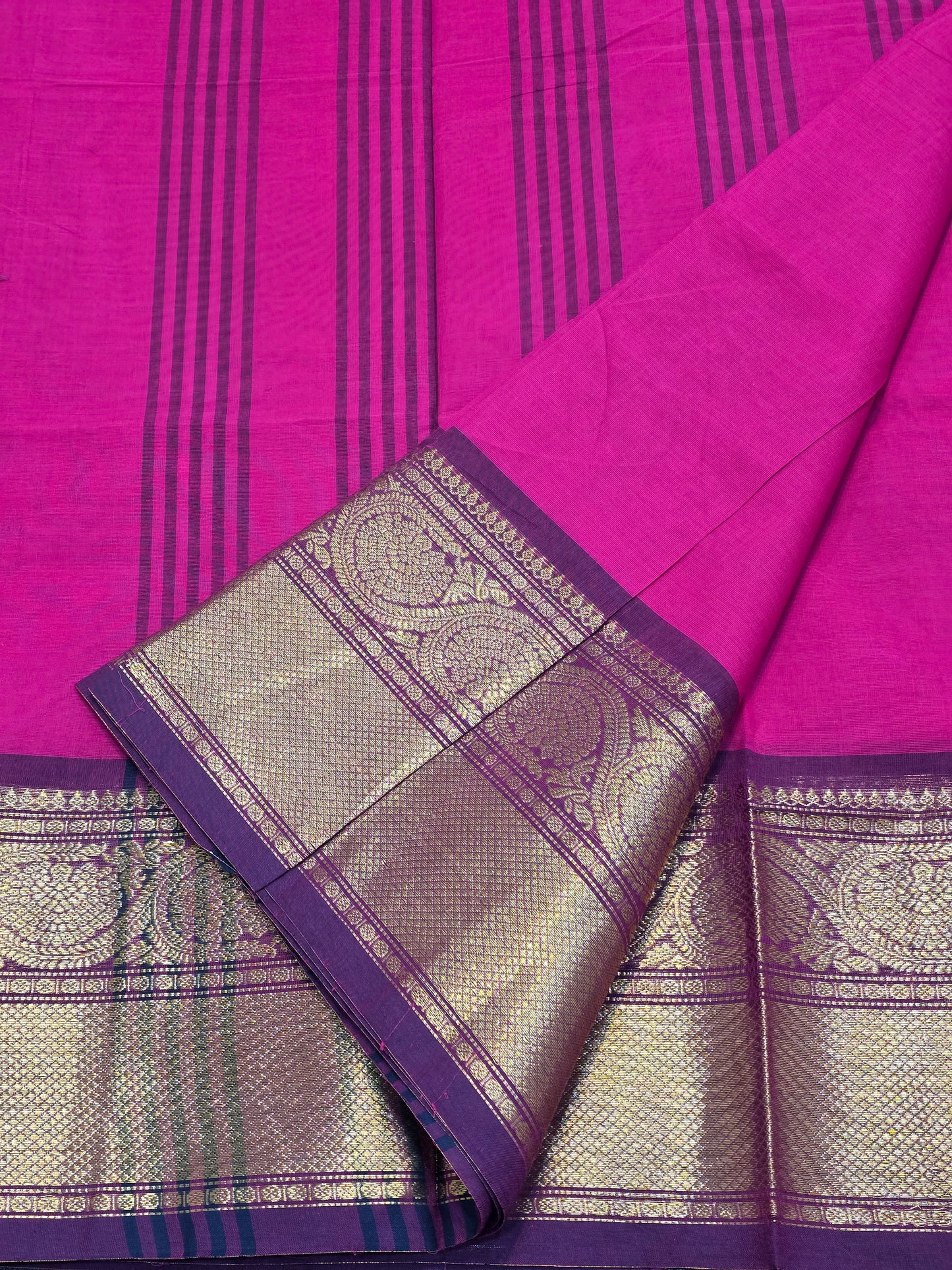 Pure Cotton Rani Pink Saree with Purple Zari Border | Traditional Festive Wear Saree for Women