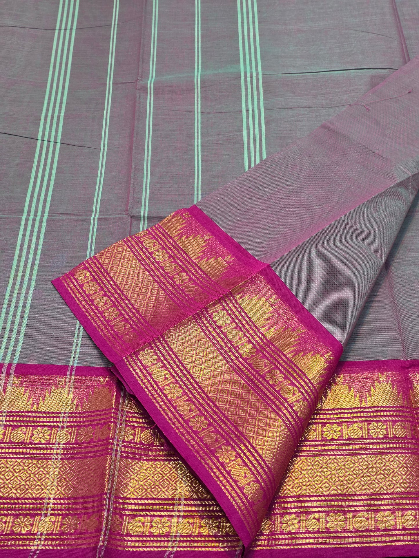 Pure Cotton Ash Grey Saree with Rani Pink Zari Border | Traditional Festive Wear Saree
