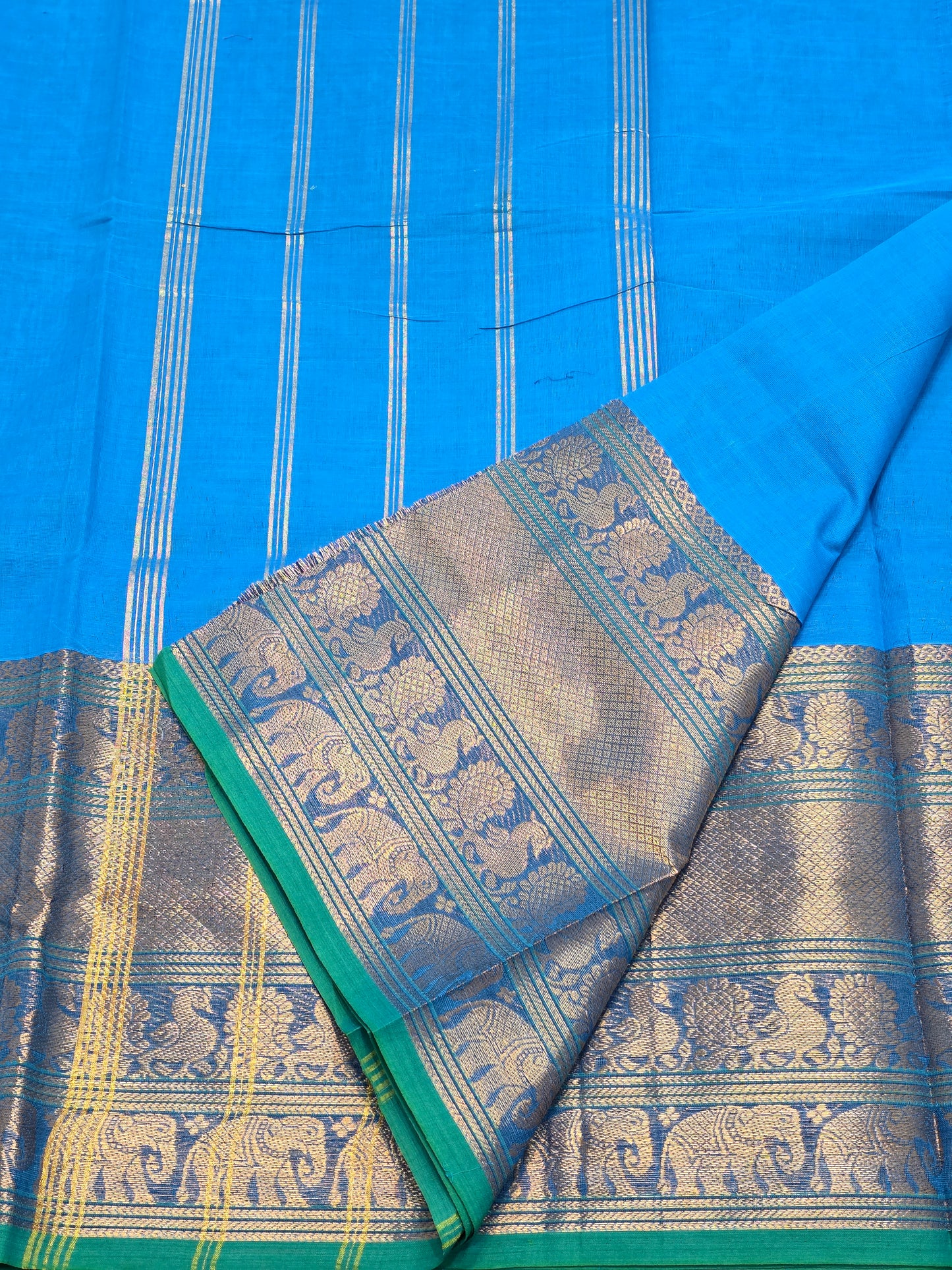 Pure Cotton Turquoise Blue Saree with Teal Green Zari Border | Traditional Festive Wear Saree