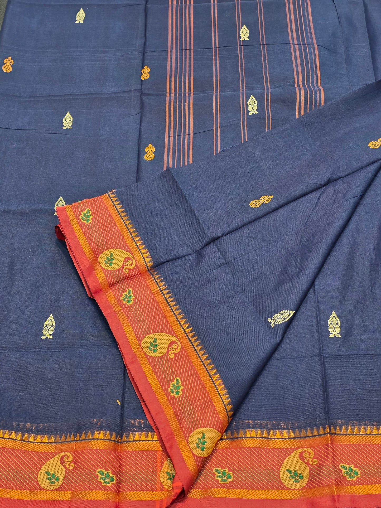 Pure Cotton Navy Blue Saree with Rust Orange Paisley Border | Traditional Ethnic Wear Saree