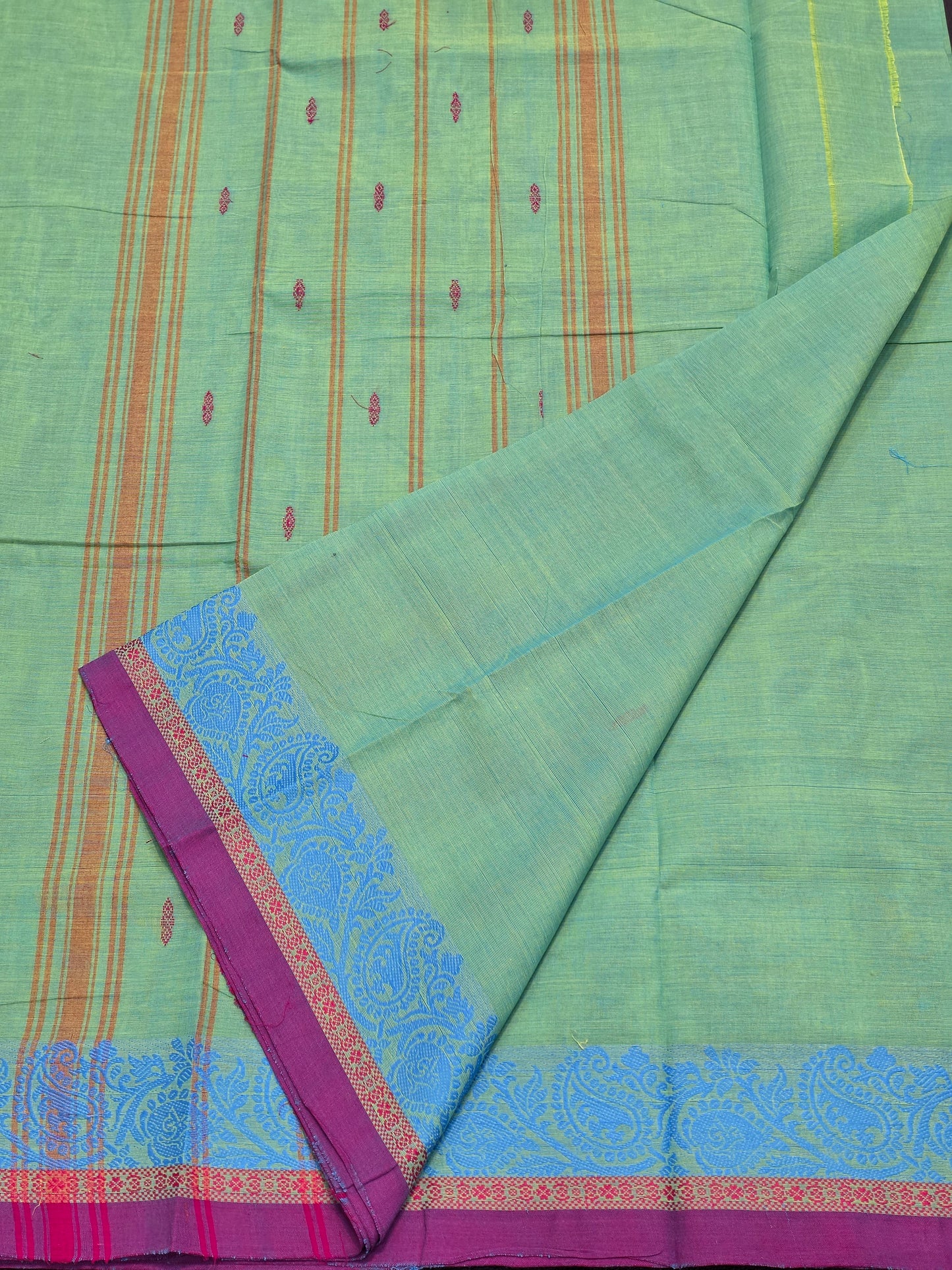 Pure Cotton Mint Green Saree with Blue Paisley Border | Traditional Festive Wear Saree