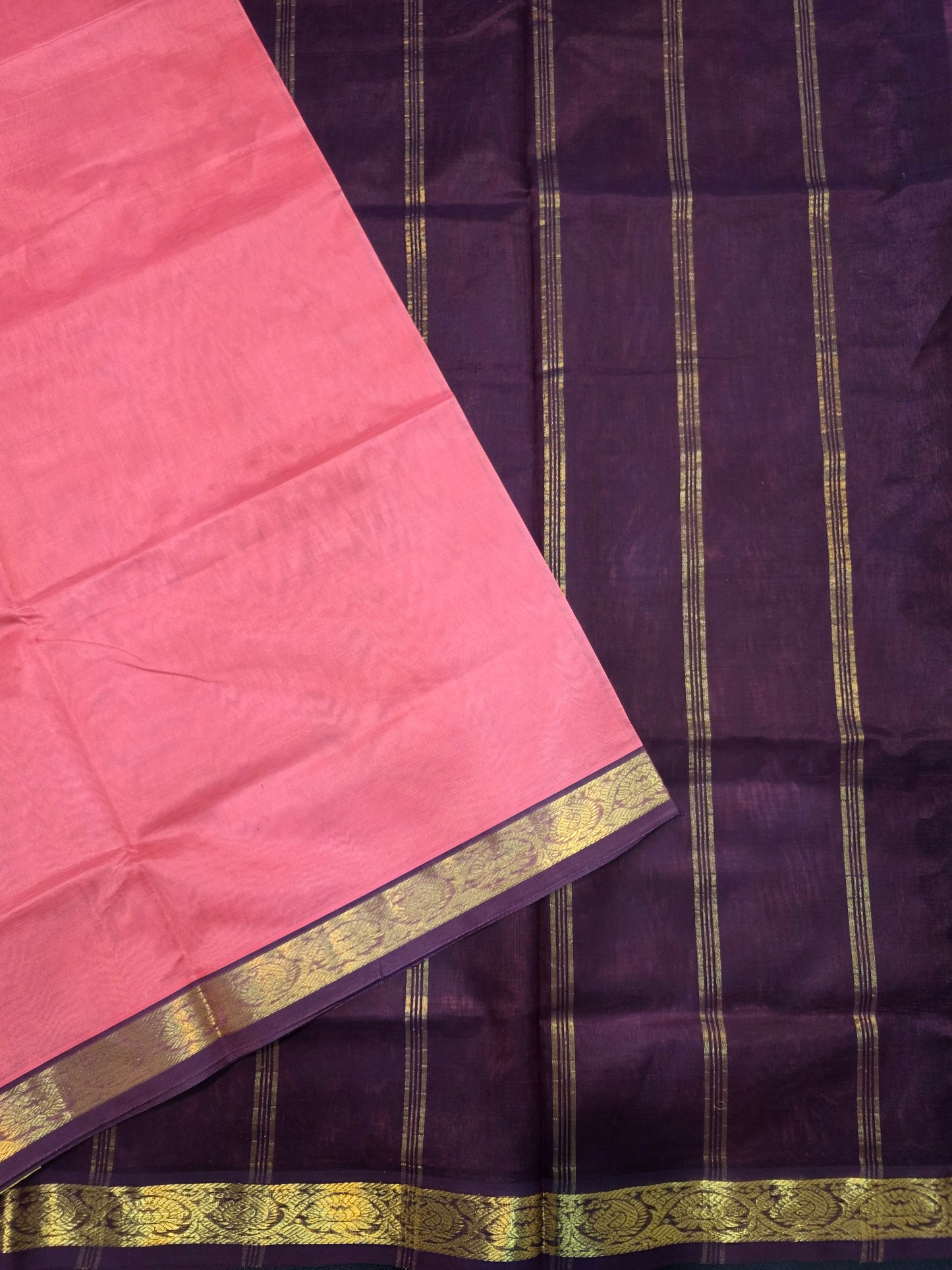 Pure Silk Cotton Saree in Blush Pink & Deep Aubergine with Gold Zari Border | Traditional Festive Saree