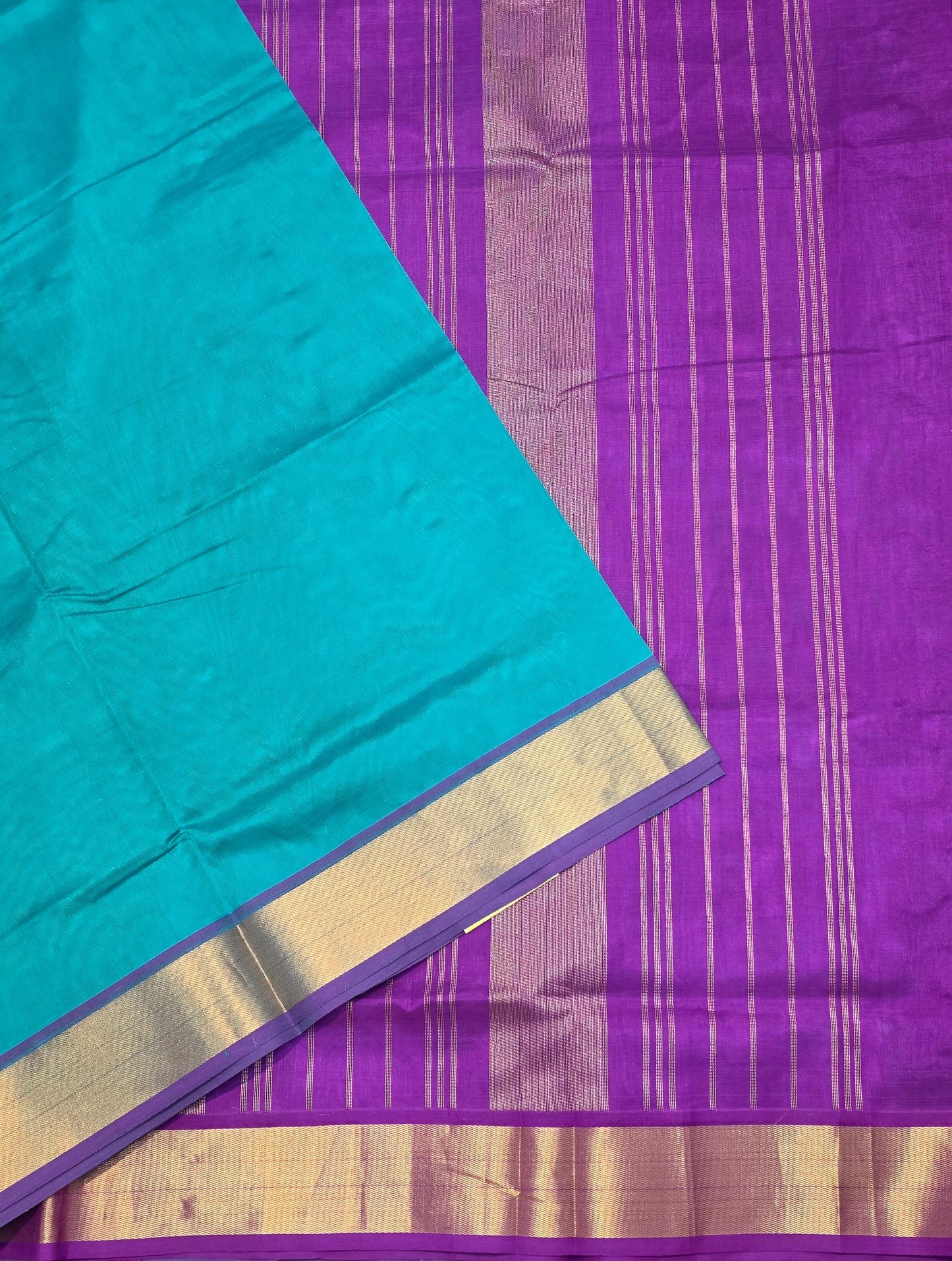 Pure Silk Cotton Saree in Peacock Teal Royal Purple with Contrast Pallu & Gold Zari Border
