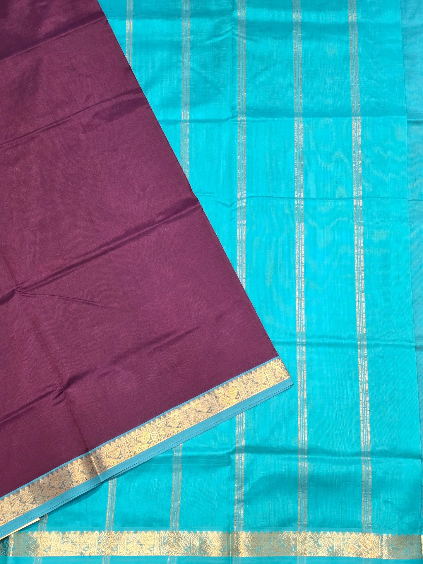 Pure Silk Cotton Wine Maroon Aqua Blue Saree Contrast Pallu & Silver Zari Border