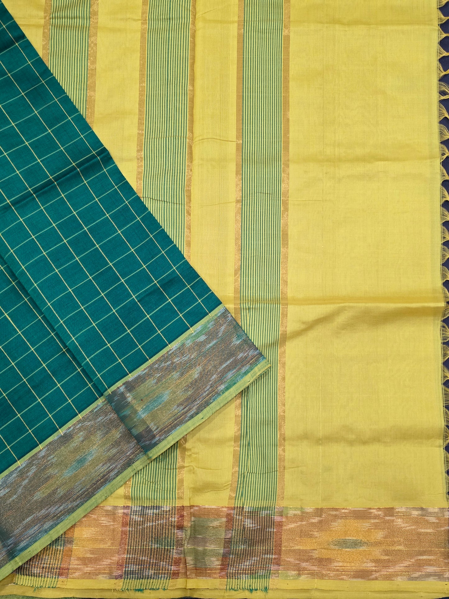 Teal Green Semi Silk Cotton Saree with Lemon Yellow Contrast Pallu & Gold Zari Border | Traditional Festive Saree