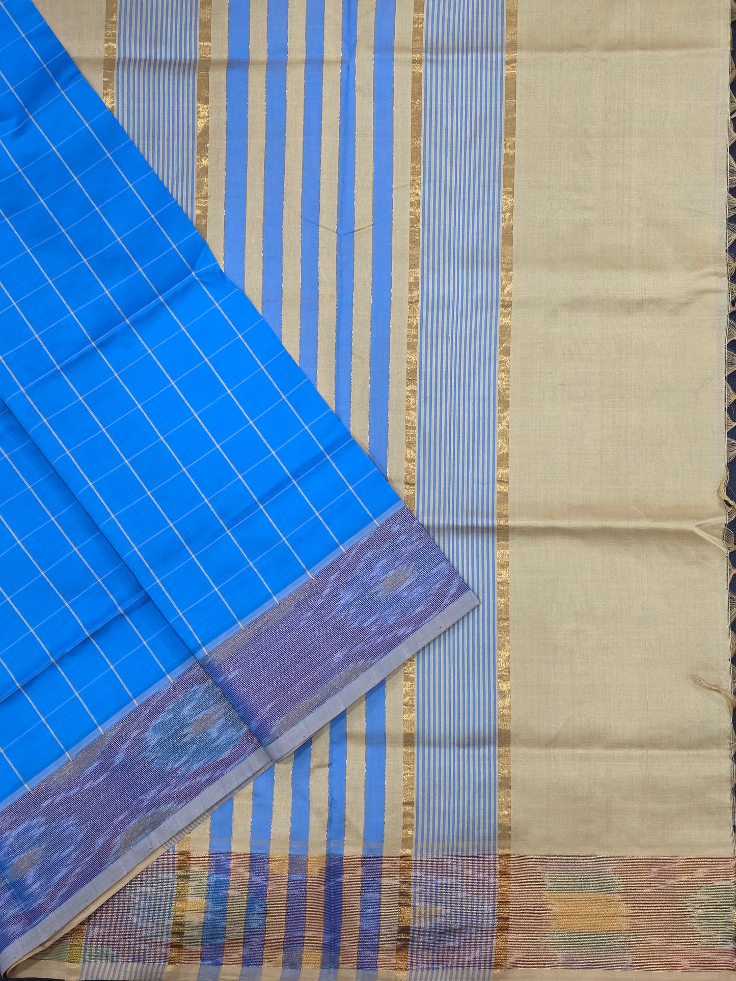 Royal Blue Semi Silk Cotton Saree with Ivory Beige Contrast Pallu & Gold Zari Border | Traditional Festive Saree