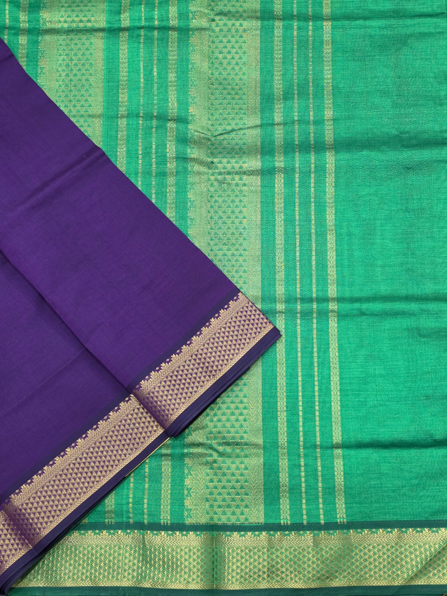 Royal Purple with Blouse & Gold Zari Border Emerald Green Semi Silk Cotton Saree | Traditional Festive Saree