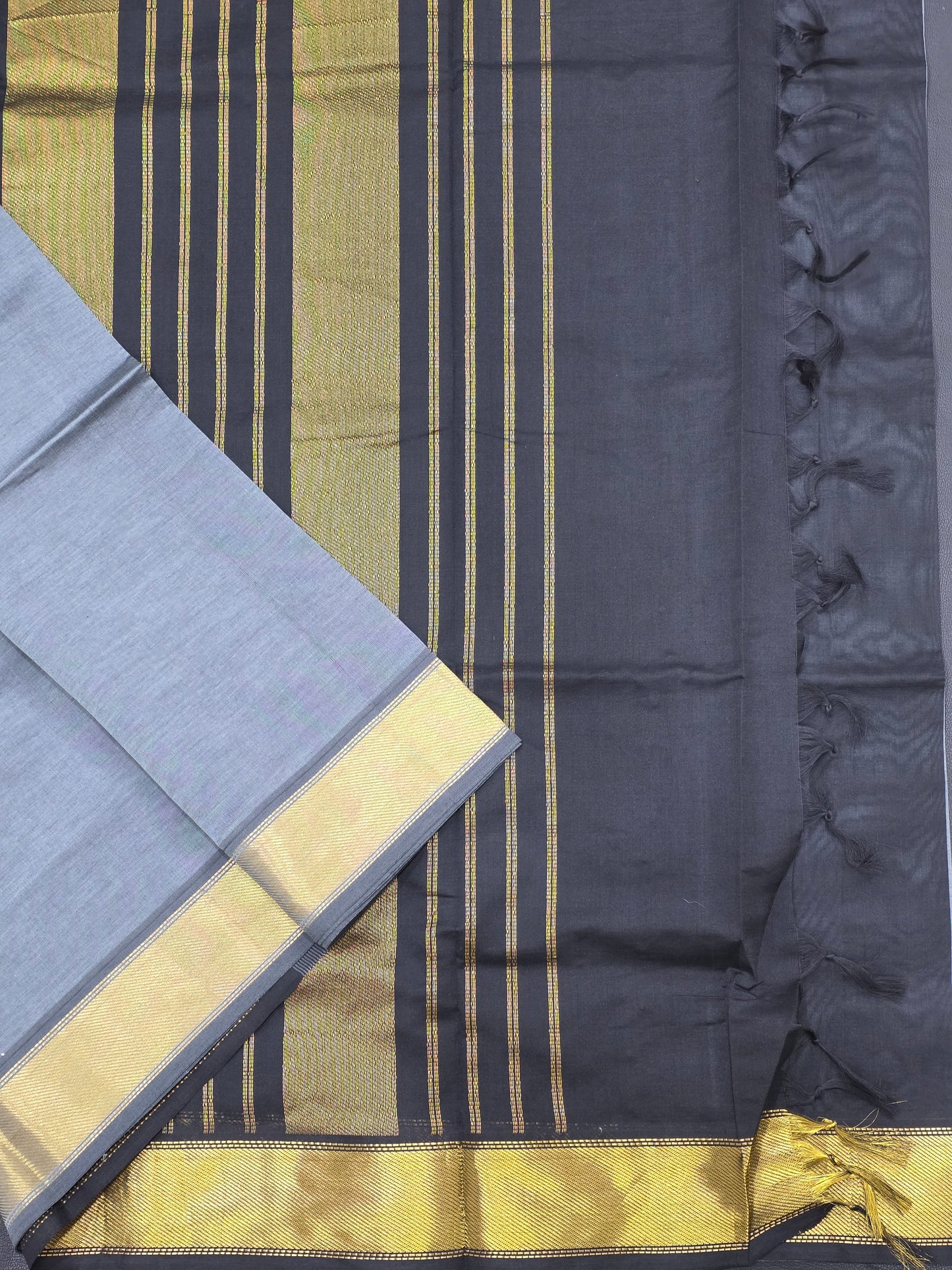 Charcoal Black Semi Silk Cotton Saree with Steel Grey Blouse & Gold Zari Border | Traditional Festive Saree
