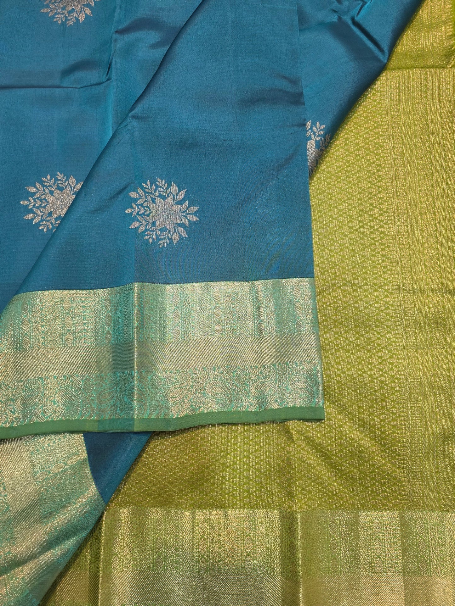 Teal Blue Pure Mix Silk Saree with Parrot Green Zari Border | Traditional Bridal Kanchipuram Style Saree