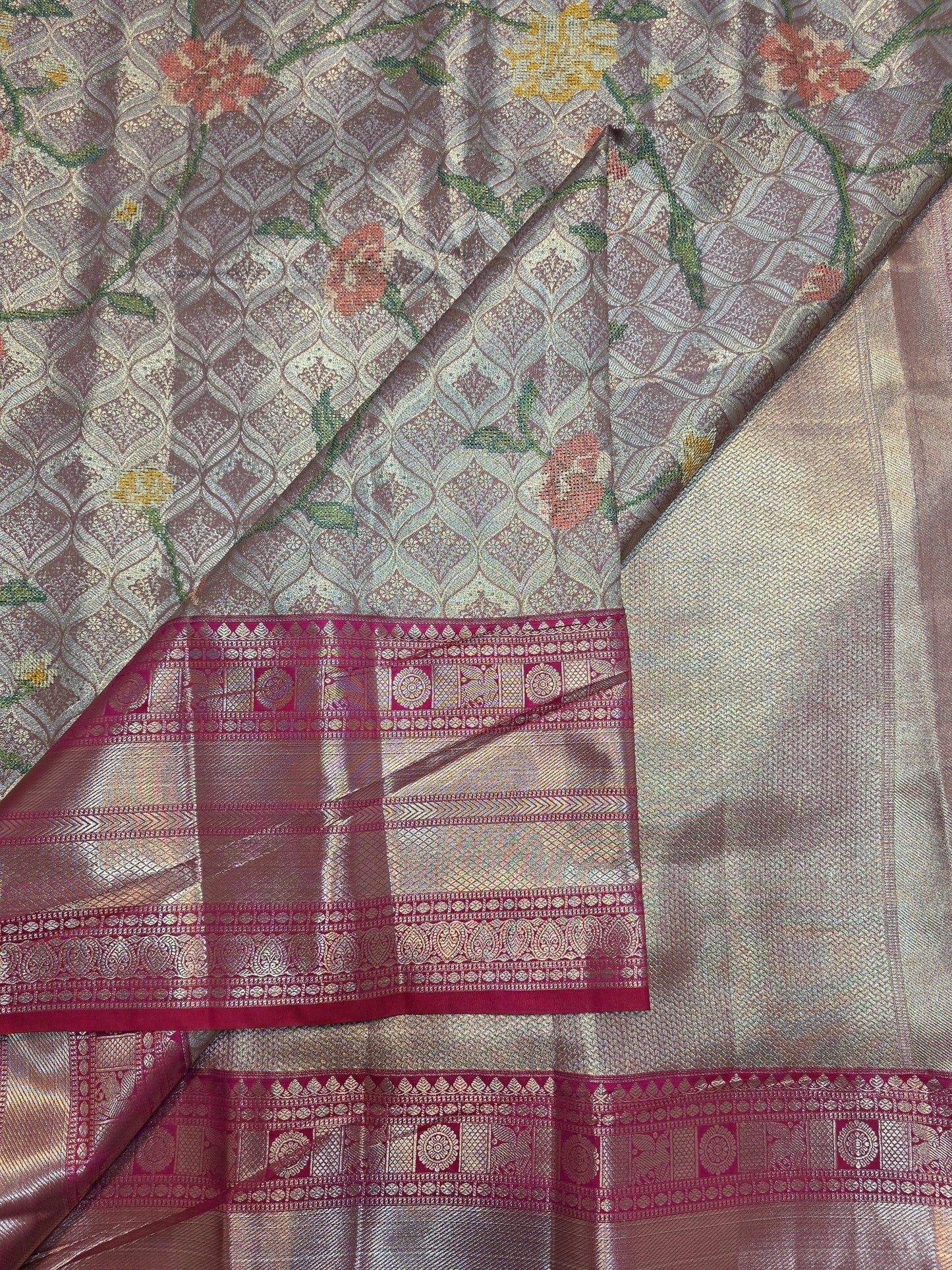 Silver Grey Pure Mix Silk Saree with Rani Pink Zari Border | Kanchipuram Style Bridal Traditional Saree