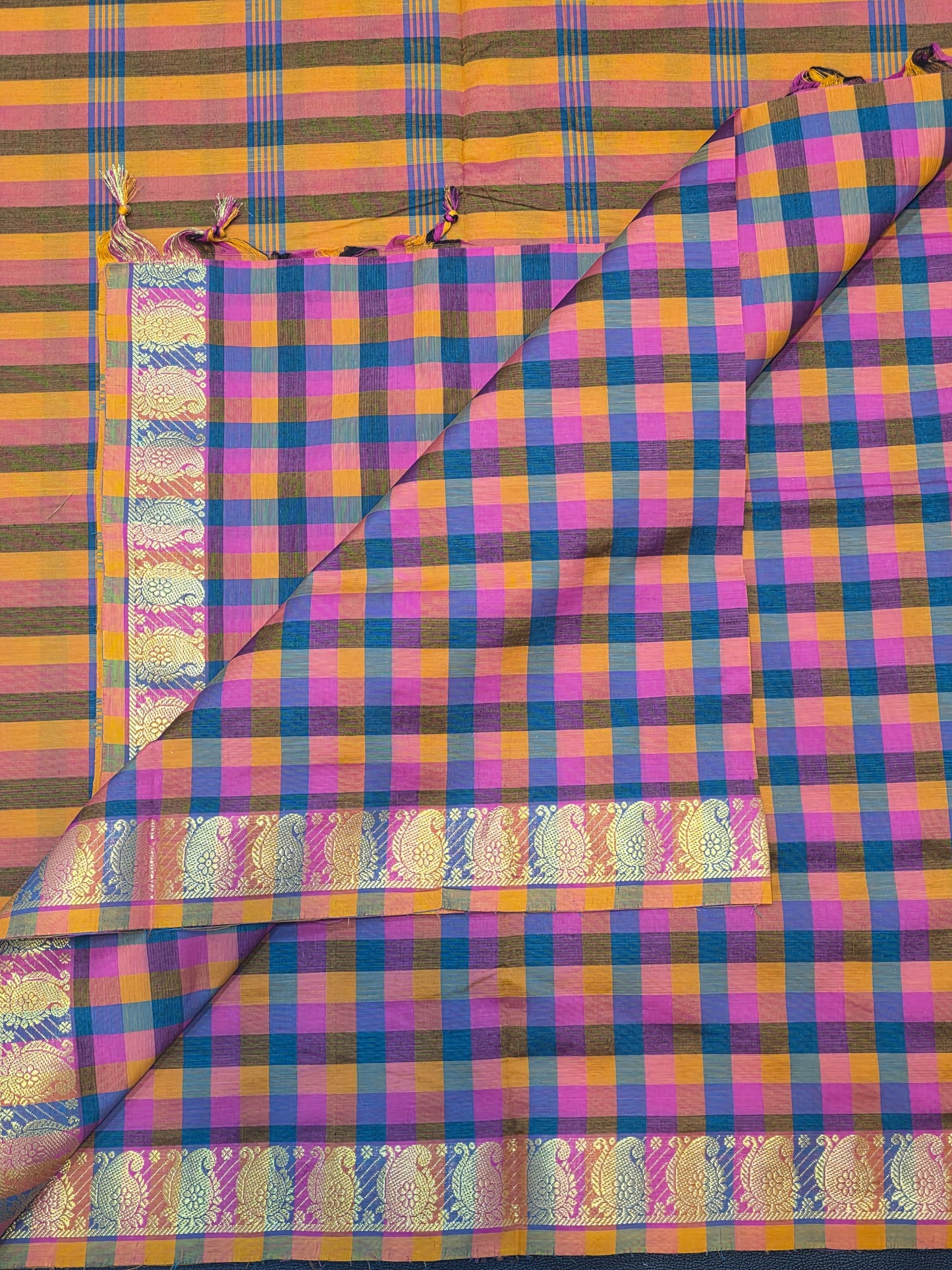 Multicolor Checks Poly Cotton Saree with Gold Zari Paisley Border | Traditional Festive Saree