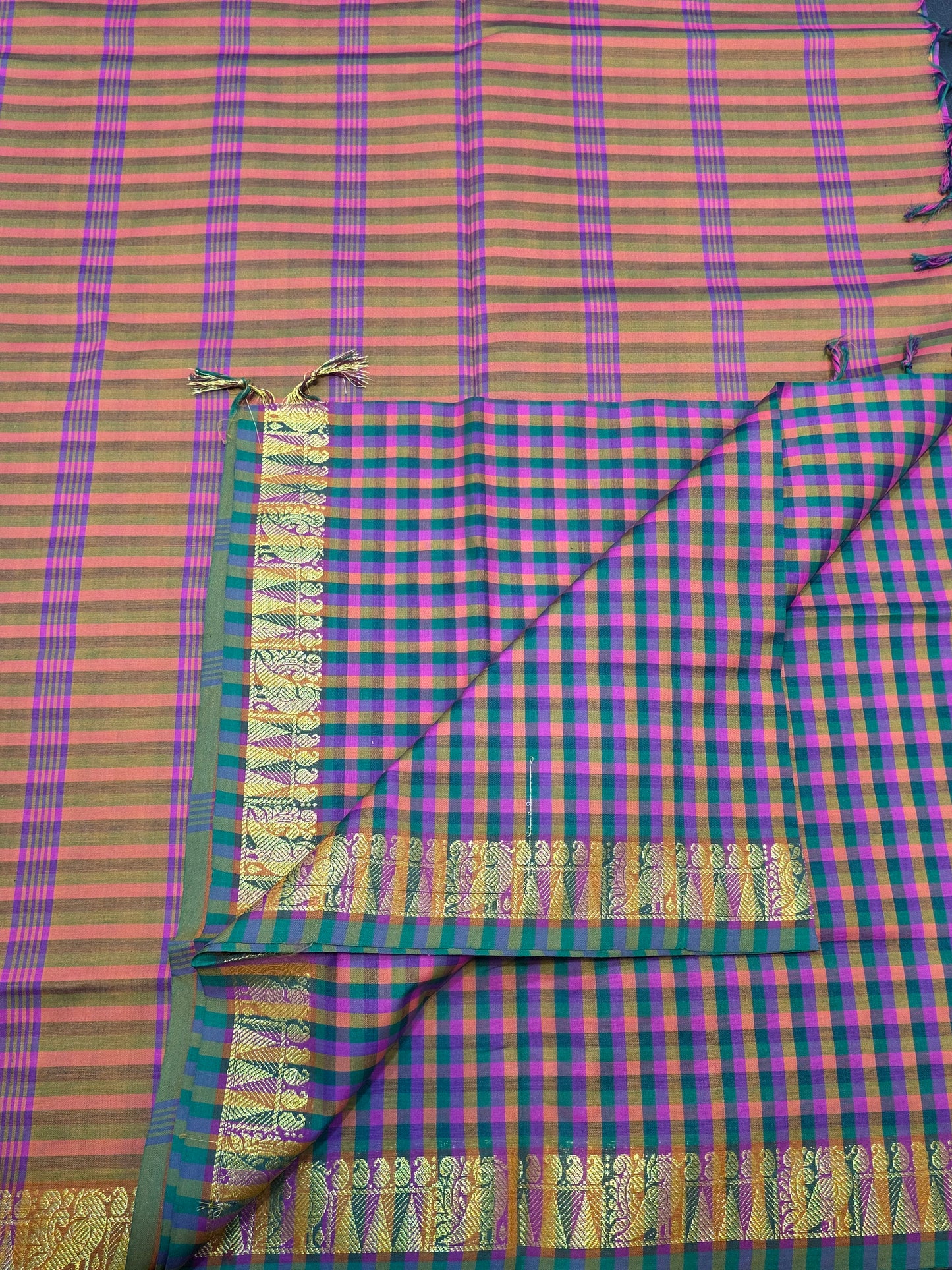 Multicolor Checks Poly Cotton Saree with Gold Zari Paisley Border | Traditional Festive Saree