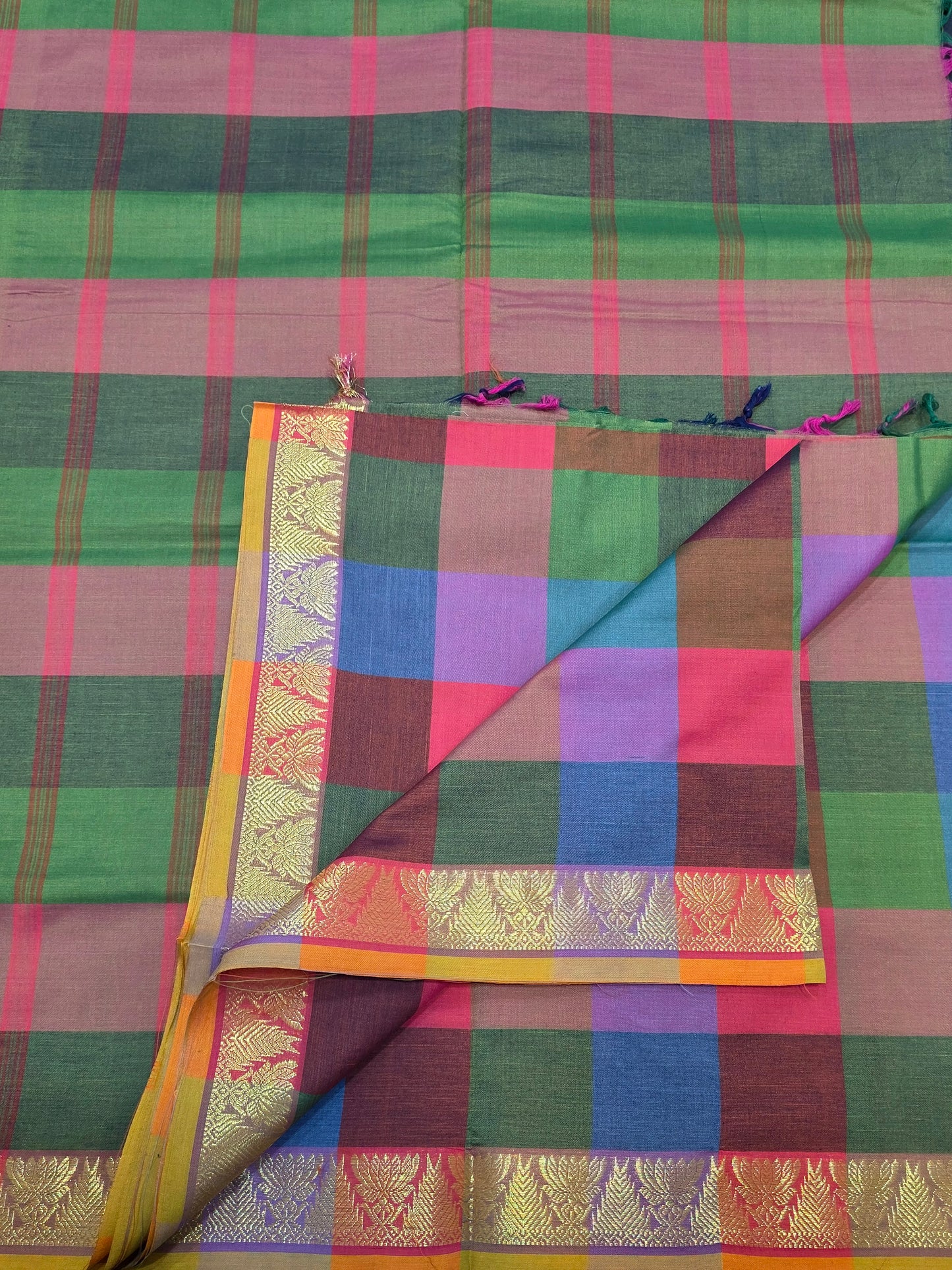 Multicolor Checks Poly Cotton Saree with Gold Zari Border | Traditional Festive Wear Saree