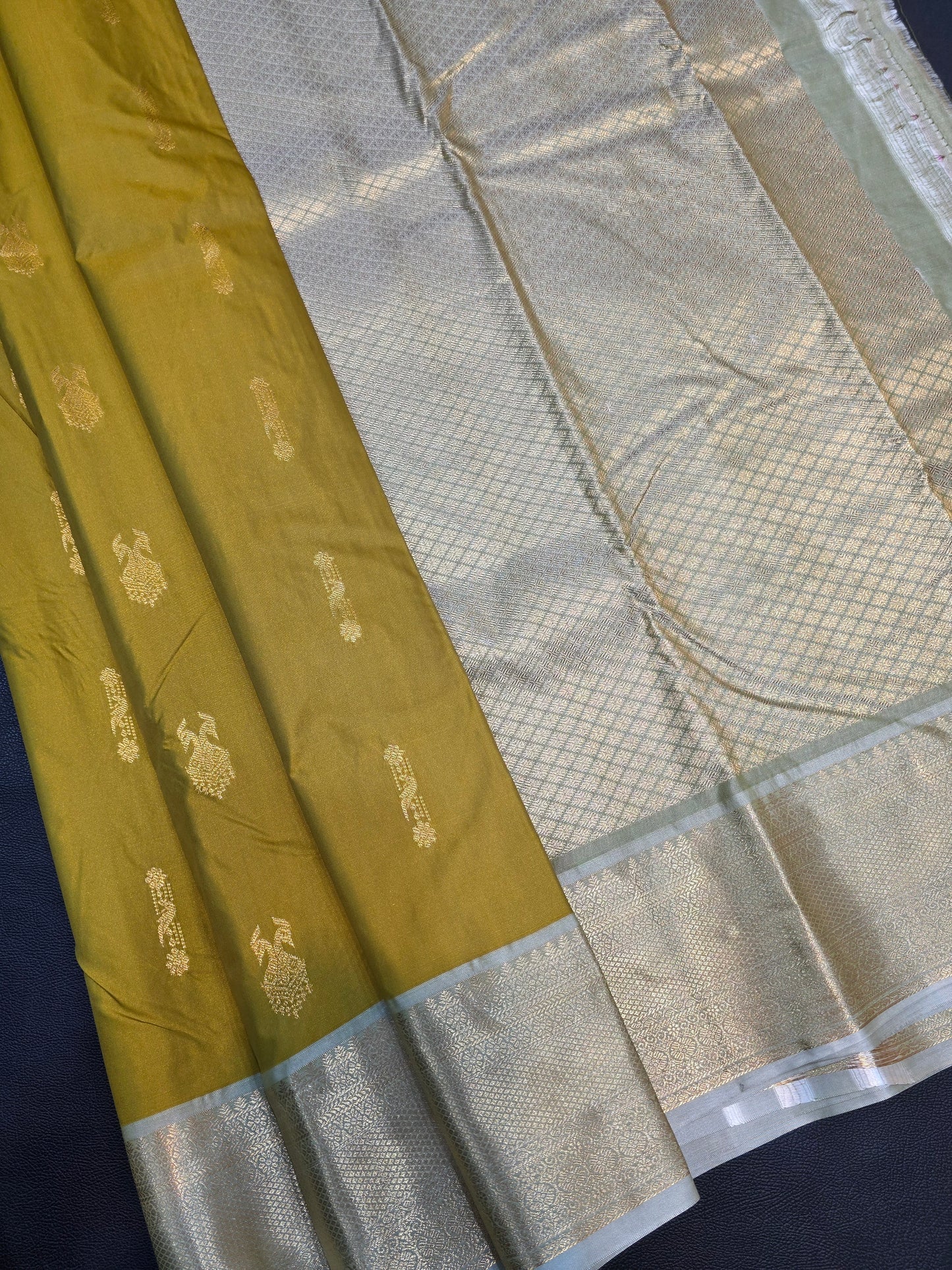 Olive Green Semi Silk Saree with Silver Zari Pallu & Peacock Buttas | Traditional Festive Saree